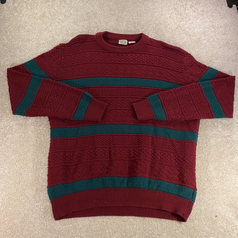 Flatiron Hills Sweater Mens XL Burgundy Green Striped Textured Knit Crewneck